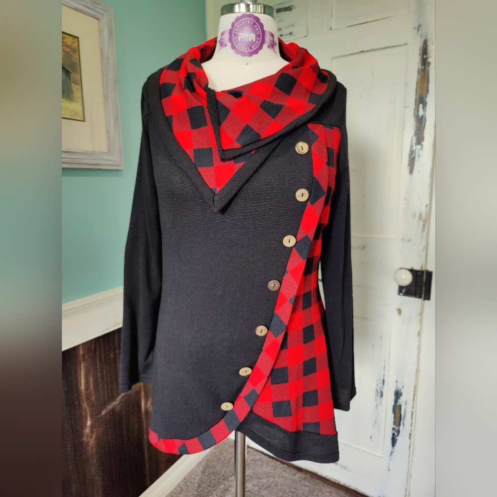 Rosegal Red and Black Checkered Asymmetrical loose long casual top tunic size L